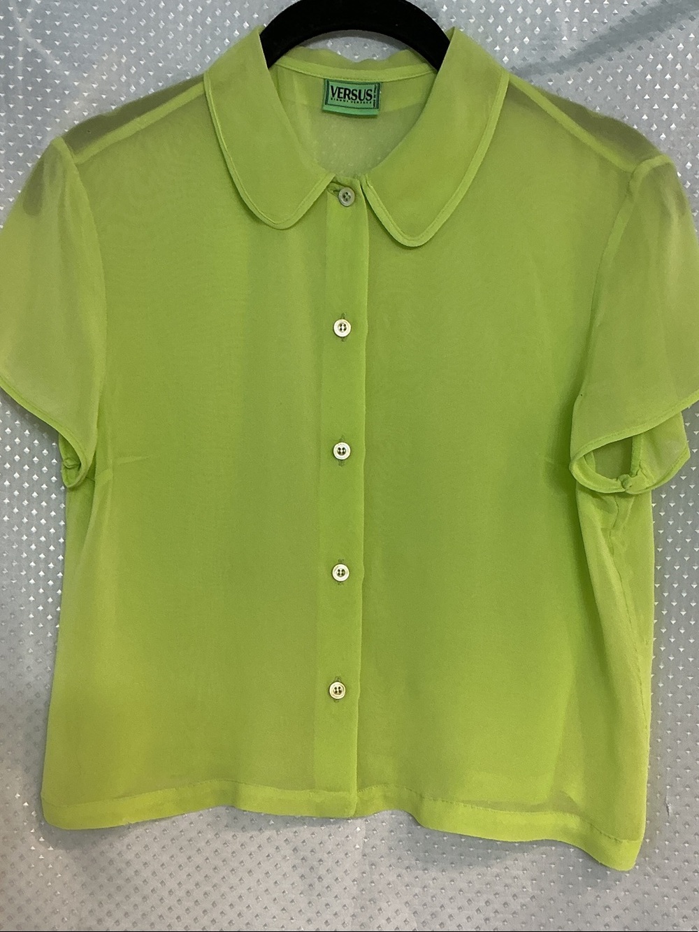 Versus GianniVersace (Vintage)SilkLime Green Short Sleeve Sheer Button-Up Blouse